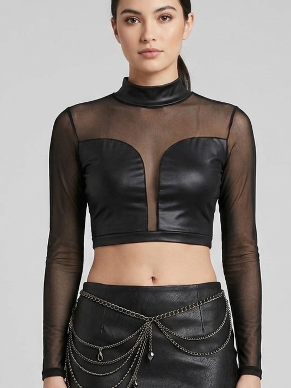 Auditions Faux Leather & Mesh Crop Top | Size S | Edgy & Chic